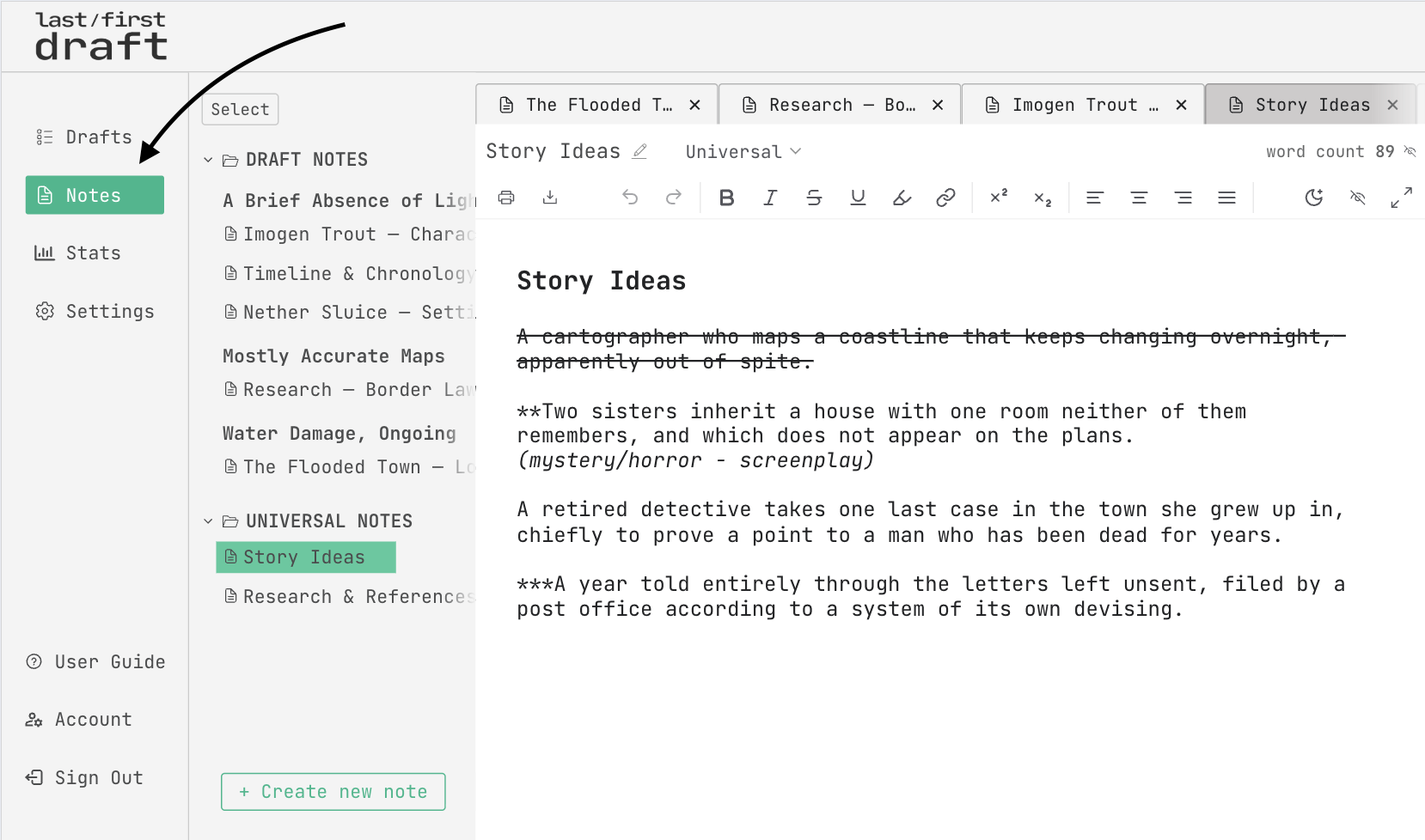 notes page - dashboard
