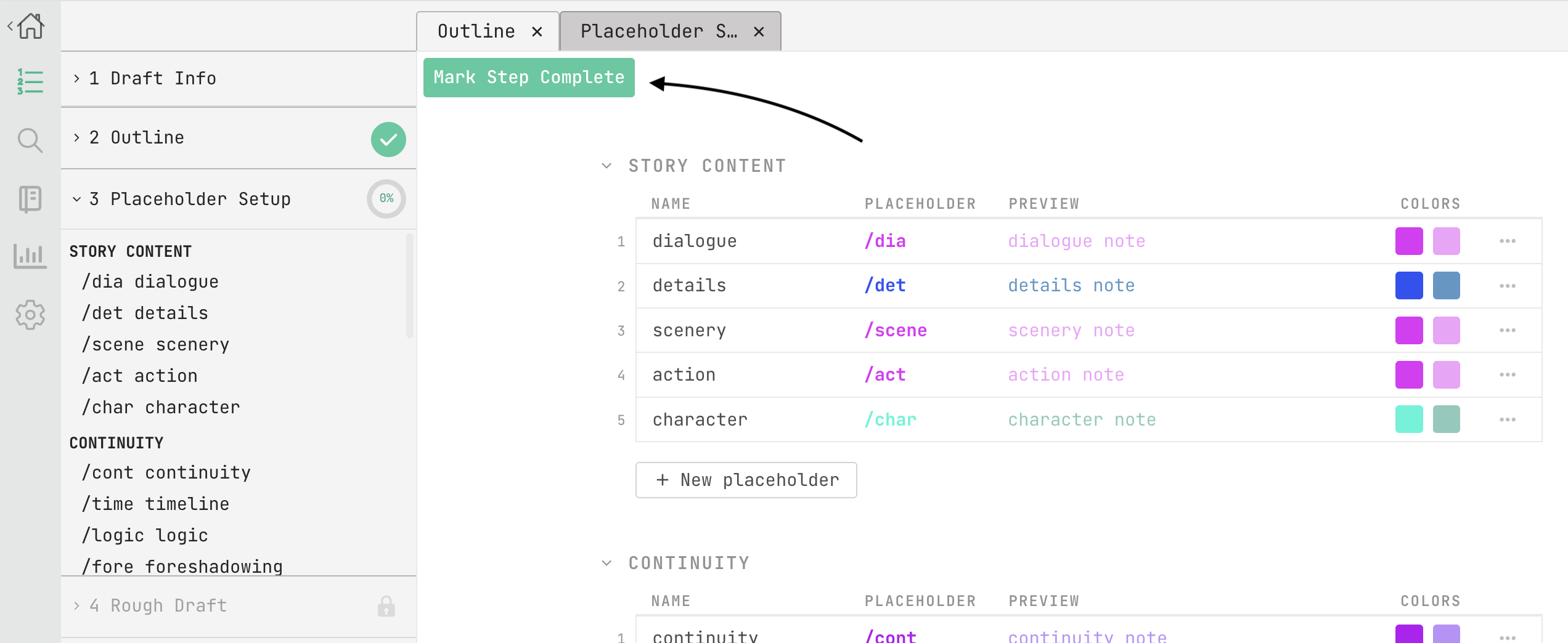 placeholder setup - mark step complete button
