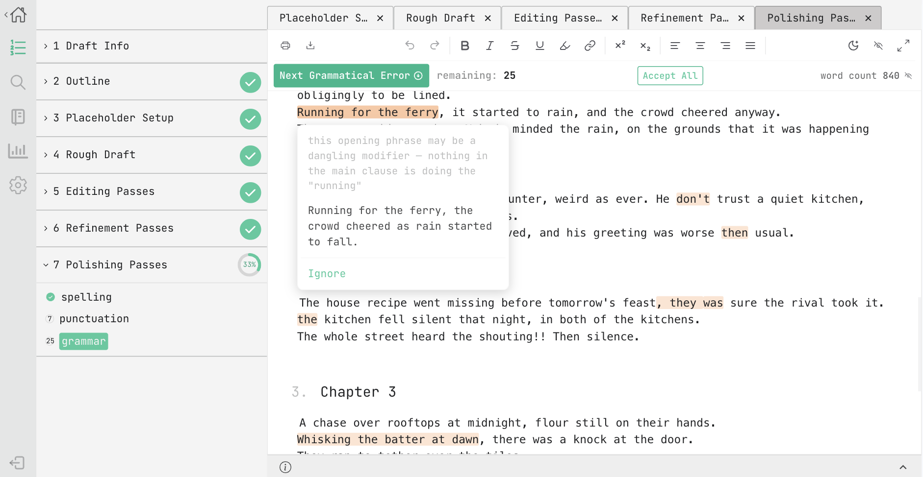 The Polishing Passes step, showing spelling and grammar corrections