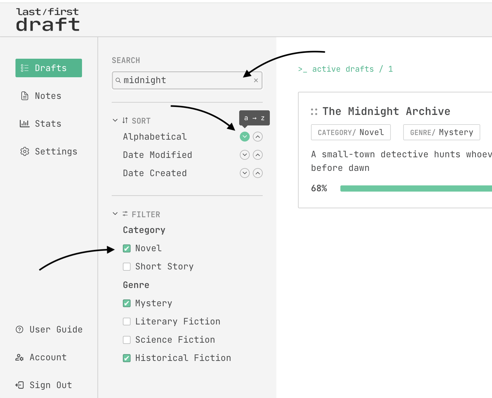 search, sort, and filter drafts