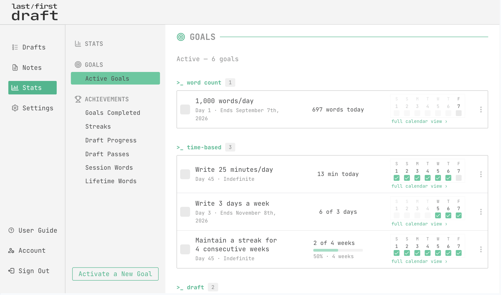 The Stats page, showing active writing goals
